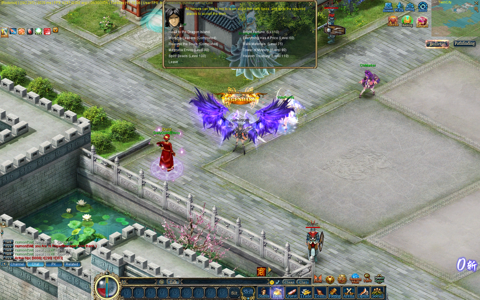 Panel de daily quests abierto en Twin City
